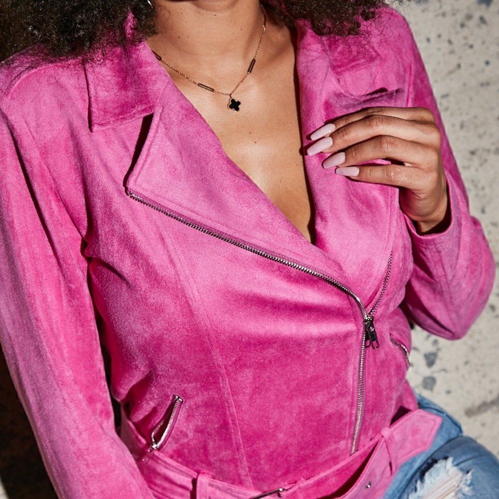 New Fuchsia Faux Suede Belted Biker Jacket